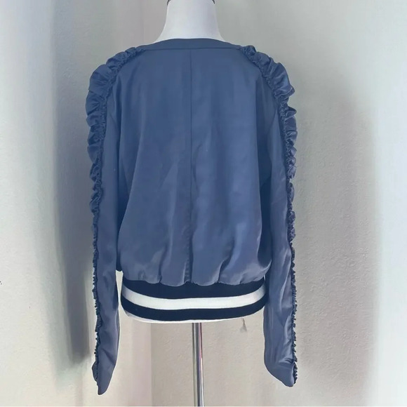 William Rast Dark Blue Bomber Jacket Sleeve Ruffles Satin Sporty Stripe Hem - Picture 5 of 10
